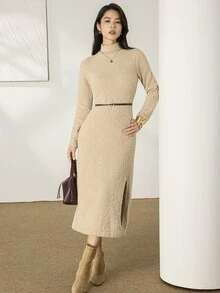 Heiryn Women's Solid Color Stand Collar Casual Daily Summer Knit Dress - Khaki - View 5