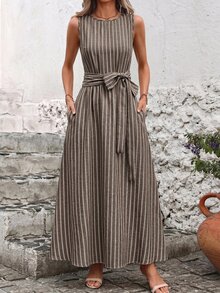 SHEIN Clasi 女款度假條紋口袋無袖極簡風洋裝 - 咖啡 - 查看 3
