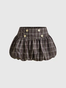 ROMWE Vintage Y2K Retro Striped Academy Style Tulip Shorts, Sweet Versatile Low Waist Women's Shorts - Brown - View 1