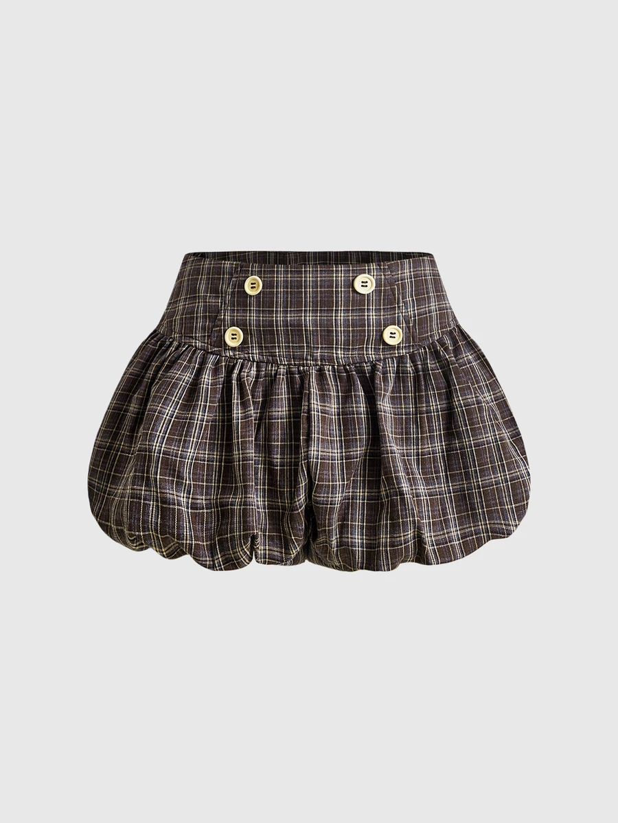 ROMWE Vintage Y2K Retro Striped Academy Style Tulip Shorts, Sweet Versatile Low Waist Women's Shorts - Brown - View 1