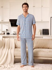 CoupledUp Men's Blue Striped Print Small Lapel V-Neck Thin Short Sleeve Long Pants Casual Comfortable Wearable 2 Pieces Pajama Set - Blue - View 2