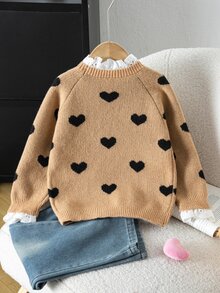 SHEIN 女童修身針織休閒蕾絲領愛心圖案毛衣，秋冬款 - 卡其色 - 查看 2