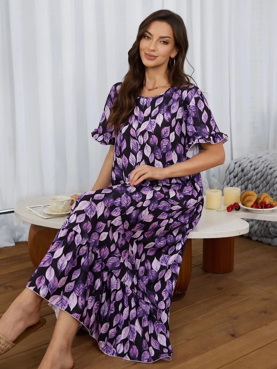 Serenescape Bubble Crinkle Ruffle Trim Leaf Print Long Nightgown Lounge Sleep Dark Purple Summer Casual Cute - Black - View 1