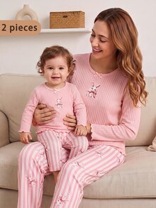 Baby Girl Pink Ribbed Top & Ribbed Bunny Print Pants Set, Loungewear - Pink - View 5