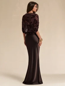 SHEIN BAE Fall Winter Deep Brown Satin Off Shoulder Ruched Slim Dress Elegant Thanksgiving Christmas Evening Gown - Brown - View 2