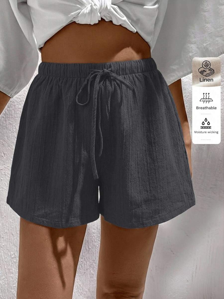 SHEIN LUNE 女款紋理布料抽繩腰短褲 - 深灰色 - 查看 1
