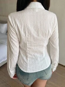 青少年女孩白色修身襯衫，圓弧下擺，紋理條紋校服襯衫，百搭百搭款，適合青少年 - 白色 - 查看 2