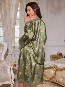 LuxeNights Lace Patchwork Faux Silk Floral Print Camisole Dress And Robe Set - Dark Green - View 2
