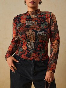 Travachic 大尺碼女款浪漫花卉印花長袖上衣 - 黑色 - 查看 7