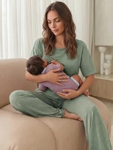 Slowluna 孕婦純色短袖開衩下擺T恤與長褲休閒哺乳兩件套 - 綠色 - 查看 11