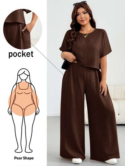 Shapeblank Setelan 2 Potong Atasan Pendek dan Celana Panjang Lebar Warna Aprikot untuk Wanita Ukuran Plus Musim Semi/Panas, Kasual, Longgar, Nyaman, Serbaguna, Cocok untuk Sehari-hari, Melangsingkan, Gaya Minimalis, Pakaian Liburan, Setelan Celana, Pakaian Jalan-jalan, Musim Panas Eropa