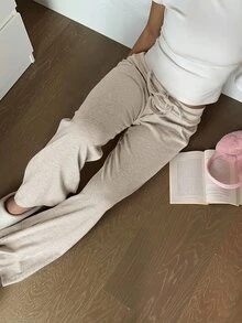SHEIN EZwear 女款保暖內裡粉色舒適長褲，適合秋冬穿著 - 卡其色 - 查看 5