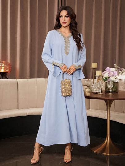 SHEIN Najma Light Blue Gold Embroidery Elegant V-Neck Loose A-Line Light Luxury Daily & Party Women's Arabian Dress