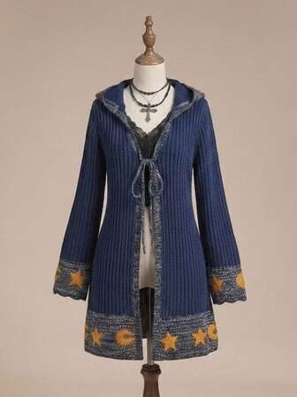 Bohemian Hippie Sun Moon Star Pattern Hooded Knit Mid-Length Plus Size Cardigan Women Fall Winter Sweater