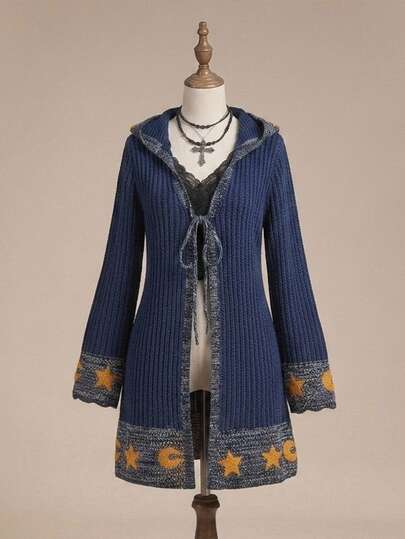 Bohemian Hippie Sonne Mond Stern Muster Kapuzen Strick Mid-Länge Große Größen Strickjacke