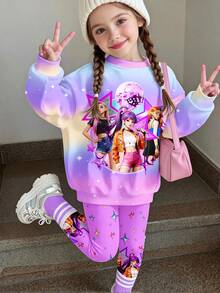 青少年女孩2件套，紫色繽紛紮染印花，星星與鑽石夢幻印花圖案，圓領休閒落肩衛衣與修身緊身褲 - 彩色 - 查看 5