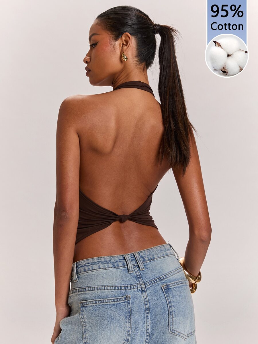 SHEIN BAE 95%棉女款休閒修身露背背心 - 棕色 - 查看 1