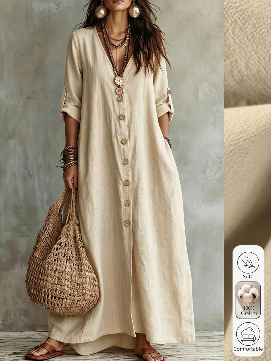 Linhara CURVE Autumn/Winter New Minimalist Versatile V-Neck Button-Down Single-Breasted Long Sleeve A-Line Dress, Fashion Slimming Figure-Flattering Plus Size Dress - Apricot - View 1