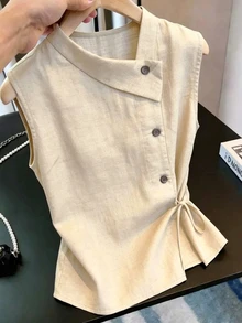 INAWLY New Women's Plus Size Casual Loose Slimming Design Tie-Up Sleeveless Tank Top - Apricot - View 1