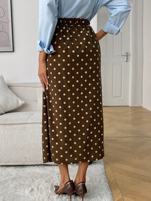 Elyressa Women's Woven Dotted Elegant Autumn Midi Skirt - Coffee Brown - View 2