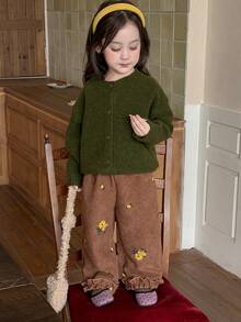 DAZY Baby Girl Ruffle Hem Floral Embroidered Casual Long Pants - Coffee Brown - View 3