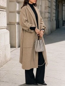 SHEIN معطف نسائي جديد بتصميم بسيط للتنقل اليومي، بأكتاف منسدلة وياقة عريضة وحزام خصر - كاكي - مشاهدة 4