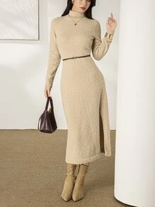 Heiryn Women's Solid Color Stand Collar Casual Daily Summer Knit Dress - Khaki - View 7
