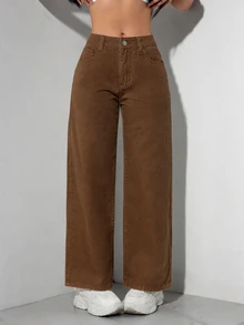 SHEIN PETITE 休閒水洗直筒牛仔褲 - 咖啡棕 - 查看 5