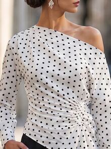 Editum Women's White And Black Polka Dot Print Asymmetrical Shoulder Ruched Waist Blouse Office Dinner Summer French Elegant - Multicolor - View 7