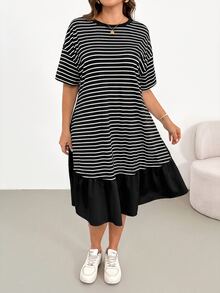 Shapeblank Plus Size Summer Casual Striped Patchwork Dress - Black and White - View 6
