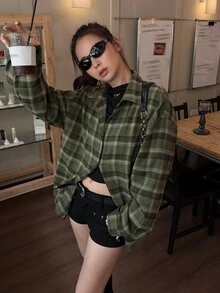 DAZY Women's Plaid Collar Korean Style Long Sleeve Spring Autumn Shirt - Green - View 6
