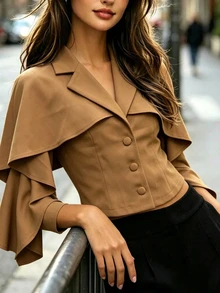 SHEIN جاكيت نسائي فاخر بلون الكراميل الفرنسي مع تصميم شال مكشكش وياقة على شكل حرف V وخصر ضيق وأزرار مفردة بأسلوب فرنسي ناعم - كاكي - مشاهدة 4