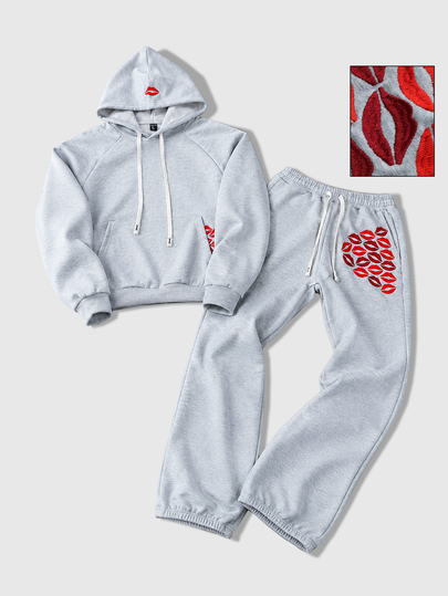 ROMWE MEN Men's Lip Embroidery Long Sleeve Drawstring Hoodie And Sweatpants Casual Set