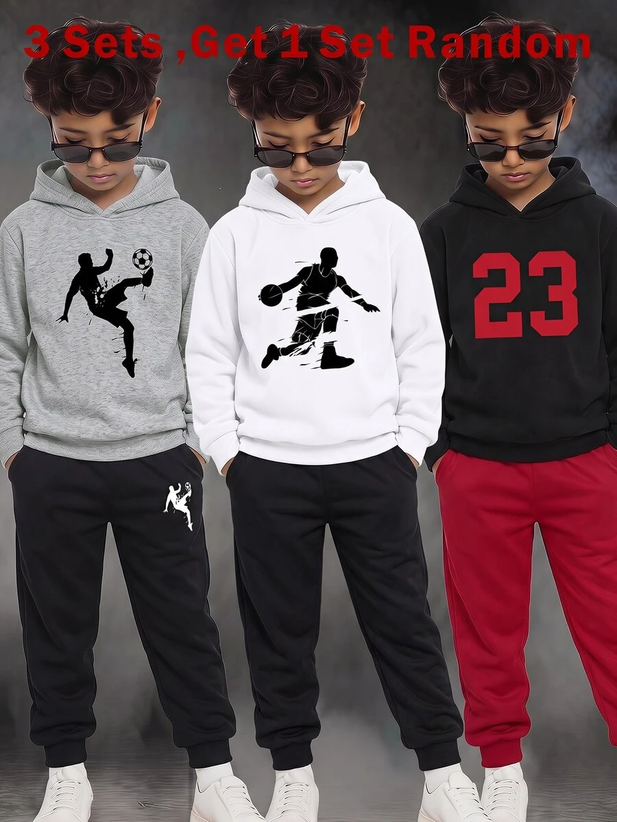 SHEIN 青少年男孩秋季新品休閒極簡足球圖案時尚經典英文字母運動風街頭風Y2K衛衣與長褲兩件套,適合夏季長袖連帽舒適衛衣兩件套,適合秋冬 - 彩色 - 查看 1