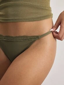 Ocili 3件組 多色 100%純棉舒適極簡雙面蕾絲細肩帶彈性女款三角內褲 時尚秋季款 - 墨綠色 - 查看 7
