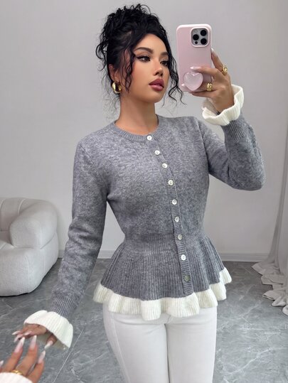 SHEIN Elenzya Herbst/Winter französischer frischer Stil Strick-Cardigan mit Rüschenbesatz, Rundhals, einreihig, gerippte Taille, Rüschenbündchen, schmale Passform, lässig, für Pendeln, Campus, Dates, vielseitig zum Layering, süßer mädchenhafter Stil, Damen-Pullover mit offener Vorderseite
