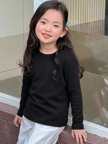 Dazy Kids Young Girls Round Neck Loose Casual Thermal Lined Long Sleeve Basic Pullover Inner Layer Top Autumn/Winter T-Shirt - Black - View 6