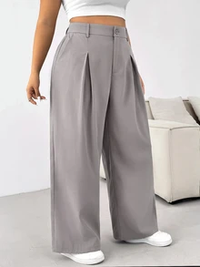 SHEIN EZwear 大尺碼女款純色簡約商務長褲，適合畢業場合 - 藕粉色 - 查看 4