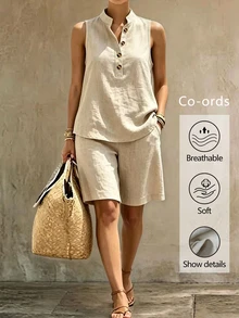 Trelyra Plus Size Women's Solid Color Top And Shorts Casual Daily 2-Piece Set - Khaki - View 1