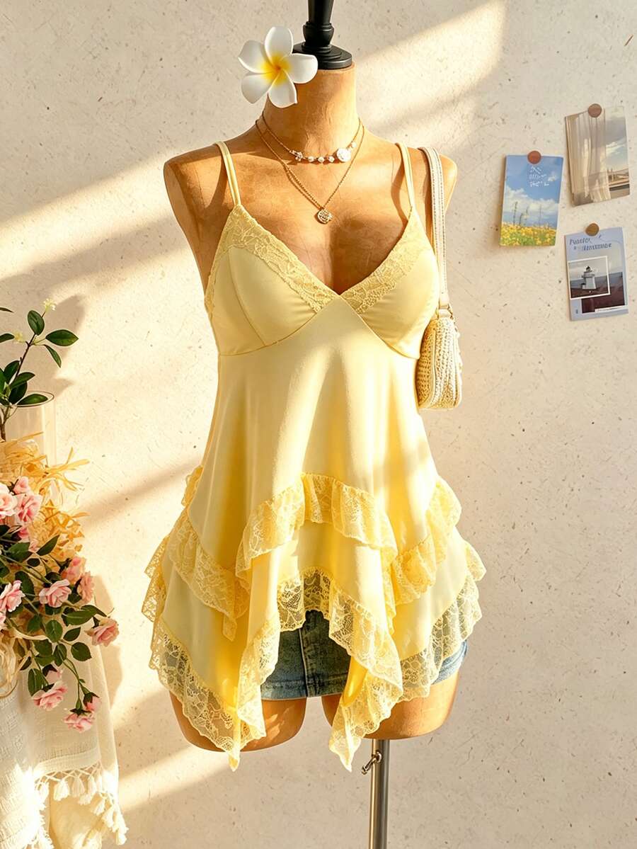 Soleia Plus Size Women's Lace Patchwork Asymmetrical Hem Cami Top - Yellow - View 1