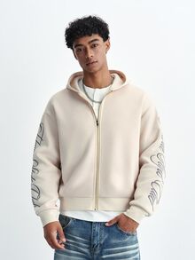 TOKVUE Men's Letter Print Zip-Up Casual Hoodie - Beige - View 6