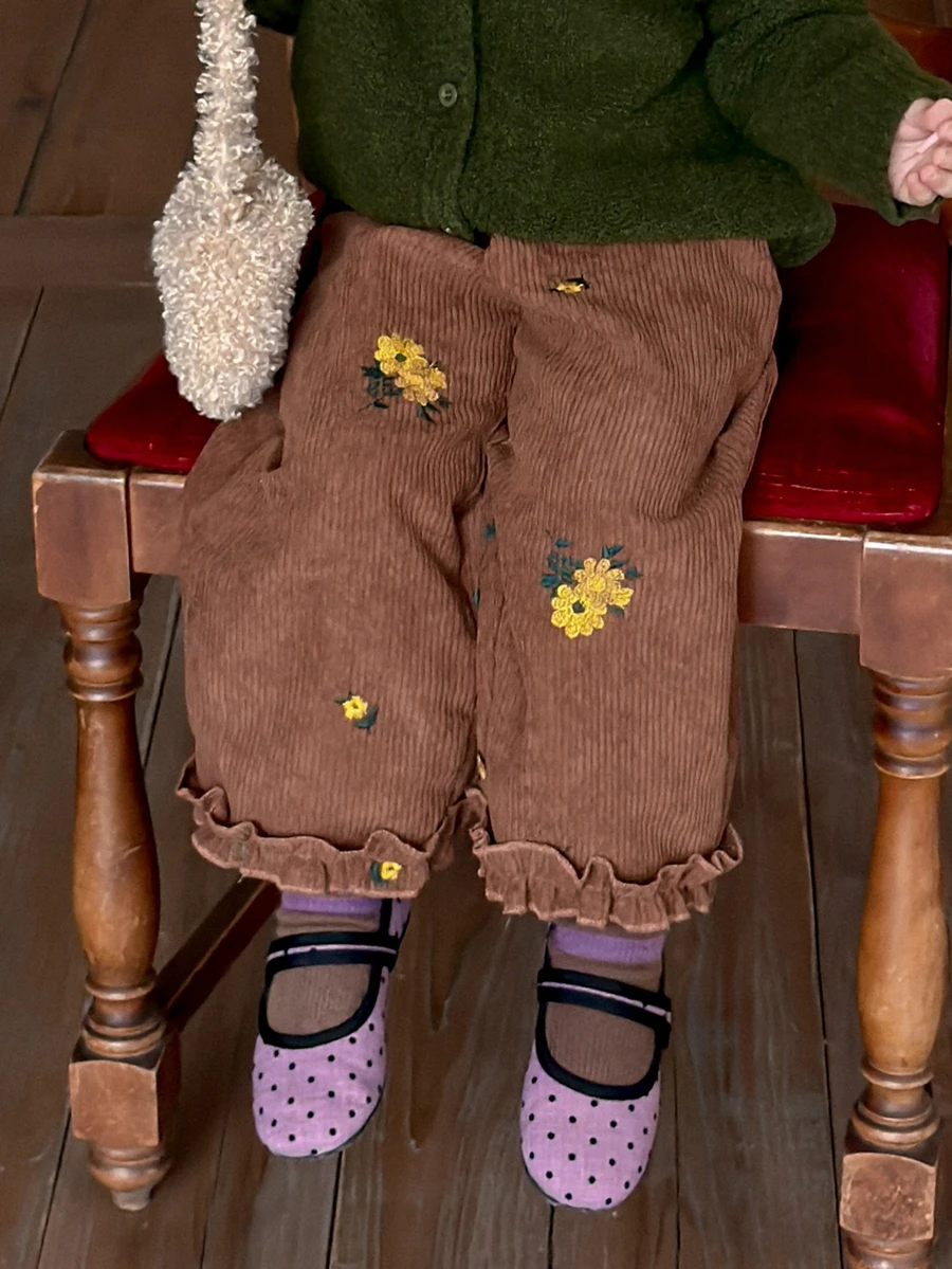 DAZY Baby Girl Ruffle Hem Floral Embroidered Casual Long Pants - Coffee Brown - View 1