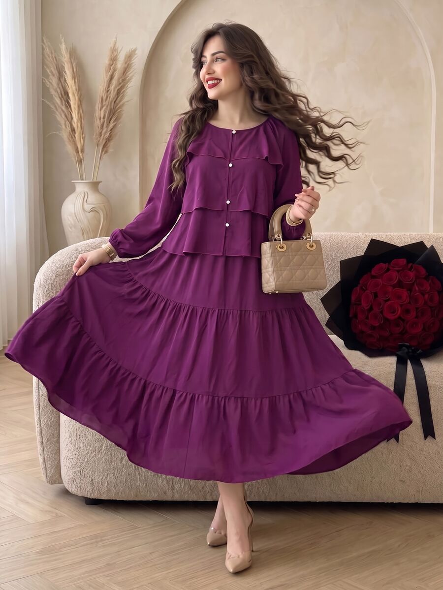 Modelyn Plus Size 2 Pieces Set Ice Silk Crinkled Fabric Elegant Casual Style, Suitable For Spring And Autumn Daily Wear And Dating Occasions - Red Violet - View 1