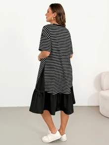 Shapeblank Plus Size Summer Casual Striped Patchwork Dress - Black and White - View 2