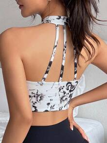 Livesso Floral Pattern Seamless Padded Backless Sports Bra For Women - Black and White - View 5