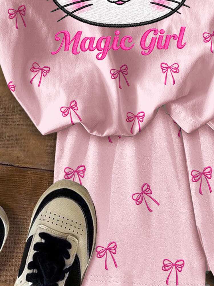 Young Girl Casual Minimalist Cute Embroidered Texture Cartoon Kitty Cat Pattern, Pink Bow, Polka Dot, Short Sleeve Shorts Two Pieces Set Suitable For Summer, Graphic, Kawaii, Y2k, Cozy, Girls Outfit Sets, Kitty - Multicolor - View 6