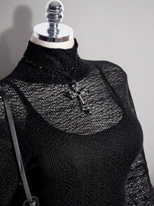 SHEIN ICON Plus Size Y2K Stand Collar Mesh Sheer Flare Sleeve Dress 2 Pieces Set, Halloween Gothic Vintage 2 Pieces Set Fall - Black - View 6
