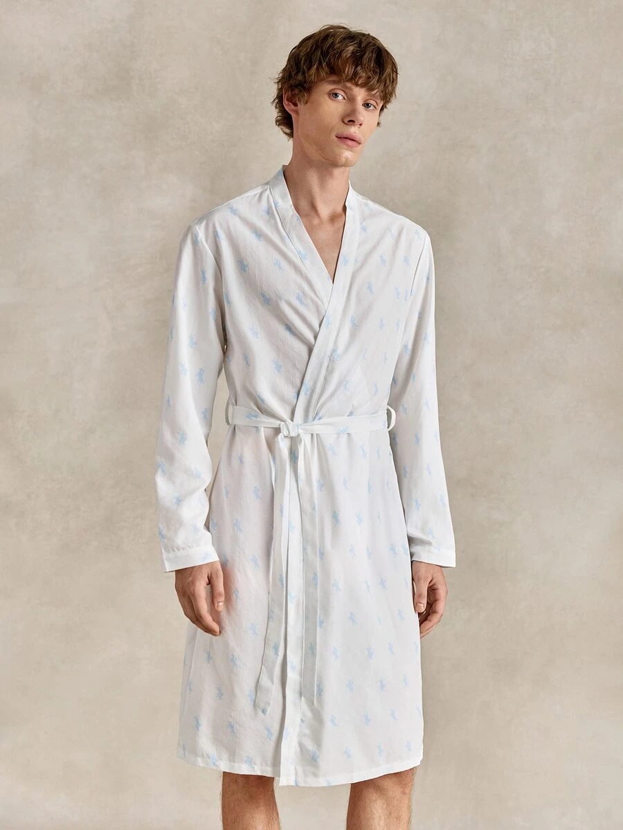 EverLounge Jubah Santai Pria Motif Cetak Seluruh Permukaan dengan Sabuk untuk Musim Gugur - Blue and White - View 1