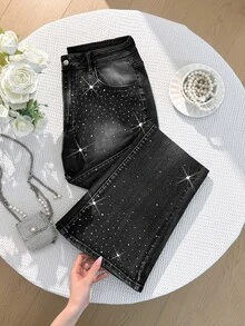 Comfortcana Celana Jeans Slim Fit Model Flare Ukuran Plus Kasual dengan Hiasan Rhinestone - Hitam - View 7