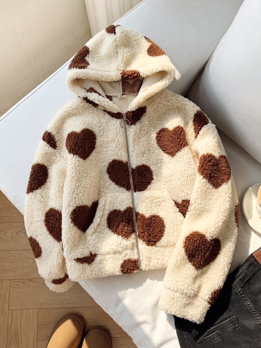 SHEIN 青少年女孩純白色刷毛連帽拉鍊外套 毛絨保暖外套 返校季 - 白色 - 查看 1